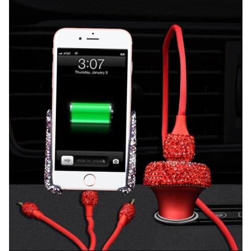 Car USB Phone Charger High Quality Dual Adapter in Vehicle 3-in-1 Cable C-Type Bling Diamond Interior Useful Accessories