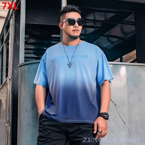Large size mens fashion brand half-sleeved loose gradient T-shirt letter embossed casual plus size short-sleeved T-shirt 140kg
