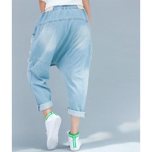 Casual Denim Cross-Pants Women Loose Fit Streetwear Hole Ripped Harem Jeans Boyfriend Pants Vintage Washed Elastic Waist Trouser