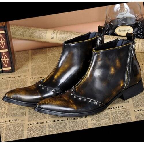 Christia Bella Fashion Party Men Shoes Rivets Genuine Leather Motorcycle Ankle Boots Pointed Toe Man Short Boots Plus Size Botas