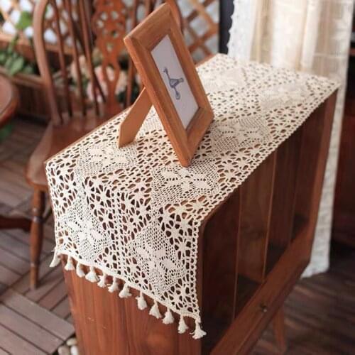 Handmade Crocheted Hollow Decorative Beige Lace Table Runner with Tassel Cotton Wedding Decor Hollow Tablecloth Nordic Romance
