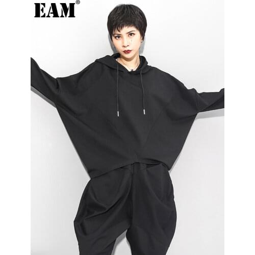 [EAM] Women Black Brief Oversized Big Size T-shirt New Hooded Long Batwing Sleeve Fashion Tide Spring Autumn 2021 1DC429