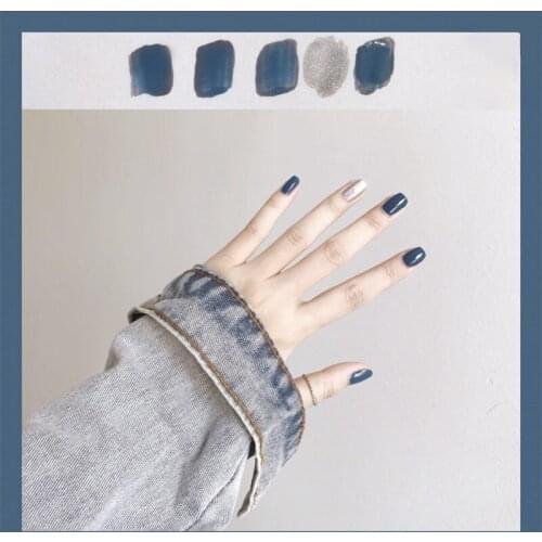 Europe and America style Ins beautiful blue with shining sliver hit pure color false nails lady bride decorated full nail tips