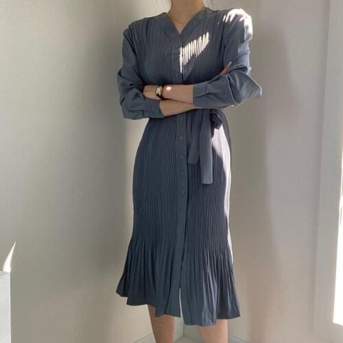 Flectit Pleated Shirt Dress With Matching Belt Long Sleeve Button-Up V-Neck Midi Dress Women Chic Elegant Outfit