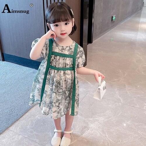 Children Sweet Tutu Dresses Baby Girls Clothes 2021 Chinese Landscape Print Short Princess Dress Lantern Sleeve Kids Party Dress