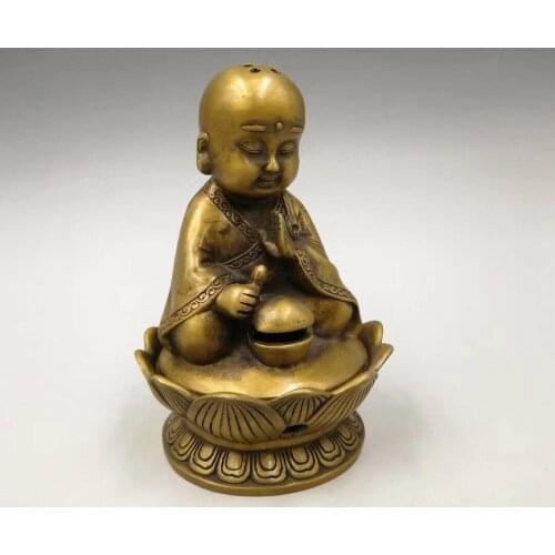 Chinese Antique Brass Boy Buddha statue Incense burner Home Decoration