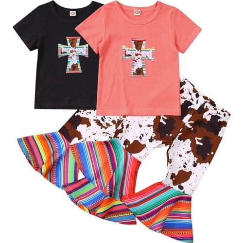 Lioraitiin 2Pcs Set 0-5Years Toddler Girls Summer Outfits Short Sleeve Cross Print Tops + Striped Print Flare Pants Set 2Styles