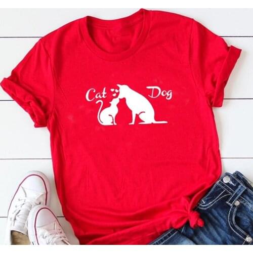 Cat Dog Kiss Fashion Funny Graphic Women Shirts Cotton Korean Clothes Short Sleeve Top Tees Casual kawaii O Neck Female Tshirts