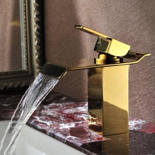 Square Modern Waterfall One Hole Bathroom Sink Faucet mixer Tap Gold Free Ship