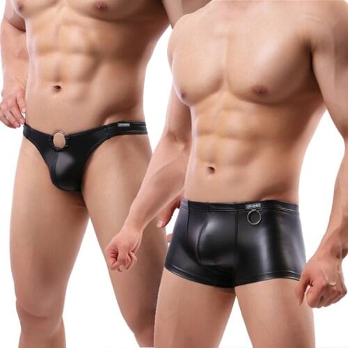 Men Sexy Faux Leather Wet Look Bikini Boxer Brief Crotch Hole Trunks Thong Underwear Hot Shorts Under Pants Fetish Lingerie