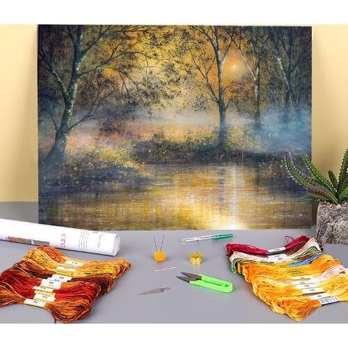 Natural Scenery Golden Haze Printed 11CT Cross Stitch Set DIY Embroidery DMC Threads Painting Handiwork Sewing Handmade Magic