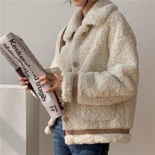 LMQ New Women Winter Lamb Wool Coat Female Casual Warm Thicked Outerwear Korean Loose Patchwork Solid Simple Short Jacket
