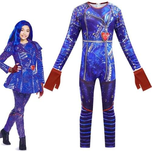 New Style Kids Descendants 3 Cosplay Costume Girls Children Bodysuit Mal Bertha Evie Halloween Performance Costume Wig