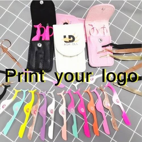 Tweezers ScissorsApplicator print logo New Eyelashes Clip Curl Kit Beauty Four colors leather case Makeup Set Fake Eyelash Curle