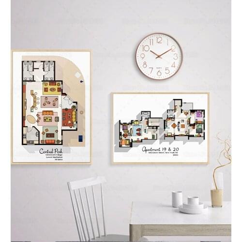 Friends Tv Show Apartment Floor Plan Poster Joey Chandler Monica and Rachel House Layout Canvas Painting Wall Art Decor
