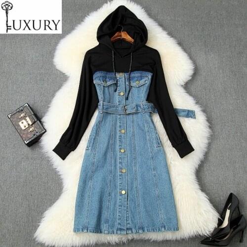 Casual Hooded 2020 Spring Fashion Style Women Cotton Denim Patchwork Antique Brass Buttons Long Sleeve Jeans Dress Belts