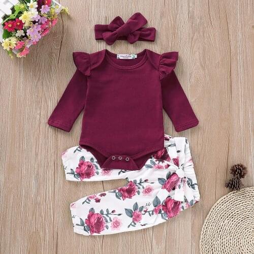 Pudcoco Newborn Baby Girl Clothes Set Ruffle Long Sleeve Romper Floral Pants Leggings+Headband Outfits Baby Clothes 0-18M