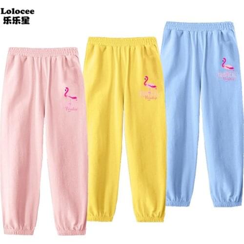 Spring Autumn Girls Cartoon Pajama Pants Cotton Lounge Wear Home Pants for Kids Flamingo Thin Anti-mosquito Pants