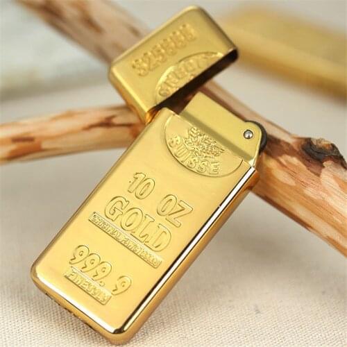 Gold Brick Free Fire Lighter Metal Gold Bar Grinding Wheel Butane Gas Flint Compact Lighter Inflated Oil Lighter Gadget For Man