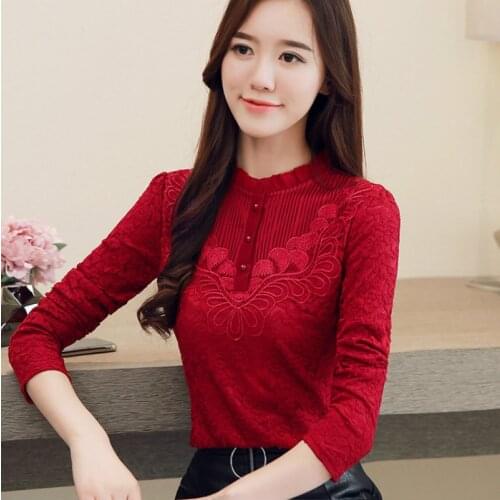 Elegant 2020 Women High Neck Lace Bottom Blouse Shirt Feminine Long Sleeve Fit Warm Tops Shirt Plus Size 5XL Femina Thick Blusa