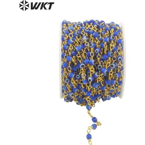WT-RBC183 Amazing 4mm round evil eye rosary beads chain unique blue eye beads wire wrapped jewelry chain