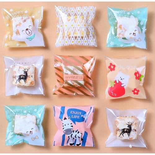 100pcs Cute Animals Transparent Pastry Bags Self-adhesive Plastic Cake Cookies Bags Small Gift Packaging Bag Baby Party 7*7cm