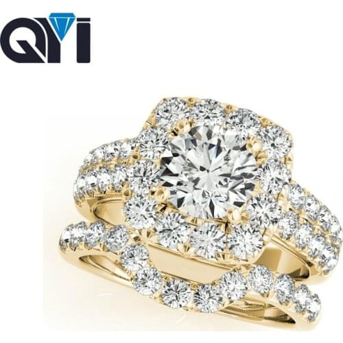 QYI 14K Solid Yellow Gold Halo Wedding Rings Sets Round Cut 1ct Sona Simulated Diamond Jewelry Engagement Wedding Ring For Women