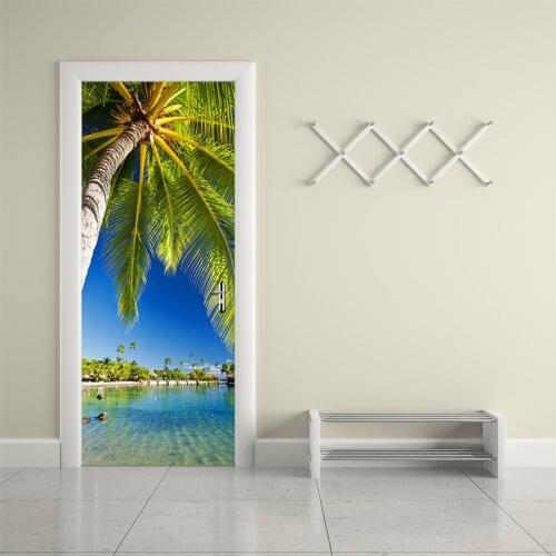 95x215cm Beach Tree Door Sticker DIY Vinyl Self-adhesive Wallpaper Waterproof Wall Decals Home Design stickers porte deurposter