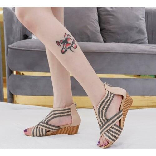 Fashion Wedges Sandals For Women Round Toe Middle Heels Ladies Summer Shoes Black/Beige/Brown Girls Vintage Zipper Sandalias