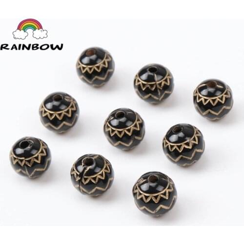 Wholesale Black Bottom Gold Line Ripple Acrylic Material Round Ball Shape Spacer Beads For Jewelry DIY Accessory 10mm 50pcs