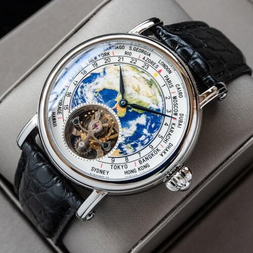Men Sugess Earth Art Enamel Dial Watch Flying Tourbillon Mechanical Watch For Men Seagull Movement ST8000 Luxury Sapphire Clock