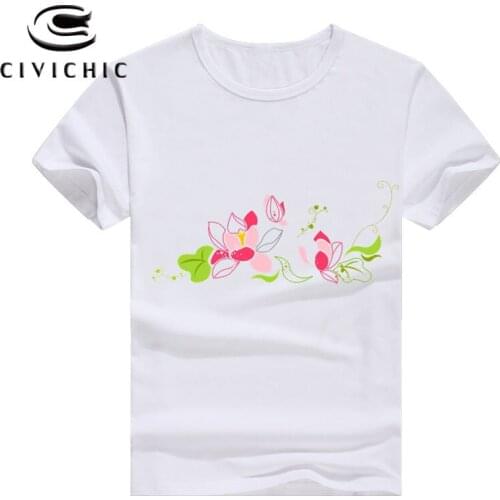 CIVICHIC Chinese Style Lotus Flower Ink Painting T Shirt Women Ethnic Floral Print Top Tee Men Groot Plus Size Undershirt WST124