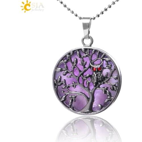 CSJA Natural Stone Necklaces & Pendants Ancient Silver Color Hollow Tree of Life Round Flat Beads Pendant Women Men Jewelry F165