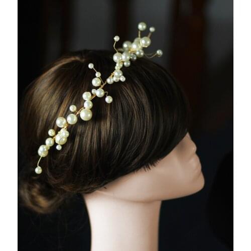 Sweetheart Headdress Golden Alloy Pearl Hair Hoop Earrings Set for Wedding Perform Studio Travel Photo Prop Daily Life HP060