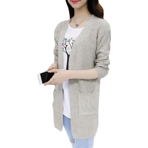 Korean Version Long Cardigan Women Slim V-neck Jumper long-sleeved Sweater Coat Solid Color Clothing Vestidos LXJ302