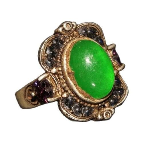 Chinese Old Craft Made Old Tibetan Silver Inlaid Green Jade Silver Ring