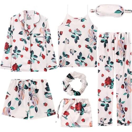 LaMaxPa 2020 Women 7 Pieces Pajamas Sets Stain Faux Silk Pajamas Women Sleepwear Sets Autumn Winter Tops+Shorts+Shirt+Pants