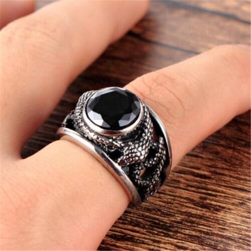 Black Cz Crystal Gem Snake Fashion Mens 316L Stainless Steel Biker Ring Mens Jewelry