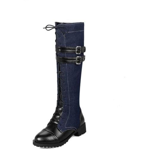Fashion Lace-Up Plush Women Winter Boots Denim High Motorcycle Boots Autumn Women Thick Heel Knee High Boots XKD2109