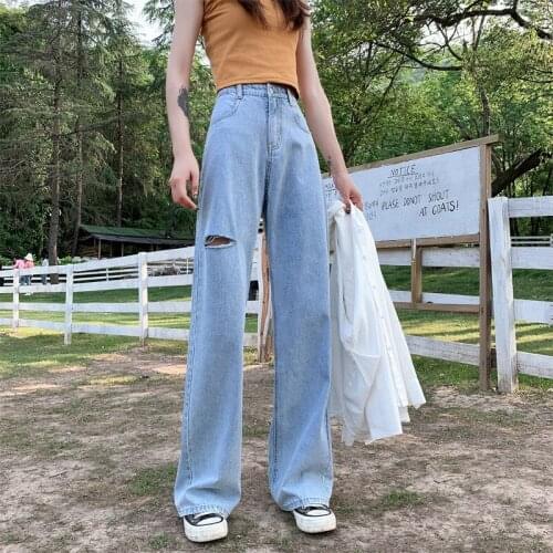 New High Waist Womens Fashion Denim Pants Wide Leg Jeans Loose Hole Full Length Casual Vintage Pockets Long Trousers
