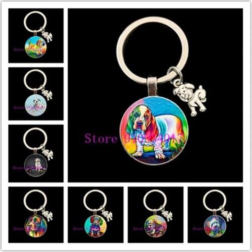New cartoon colorful dog round glass key ring cute dog animal round glass key ring Laipi dog glass key ring car decoration gift