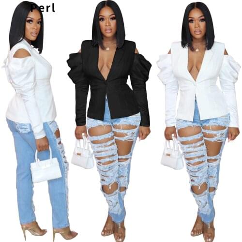 2021 Autumn Sexy Fashion White Coat Women Bubble Long-sleeved Cold Shoulder Suit Jacket Plus Size Clothing for Woman