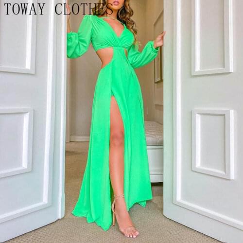 Women Long Sleeve V-Neck High Slit Cutout Maxi Dress Chic Party Pleated Stretch Summer Dress