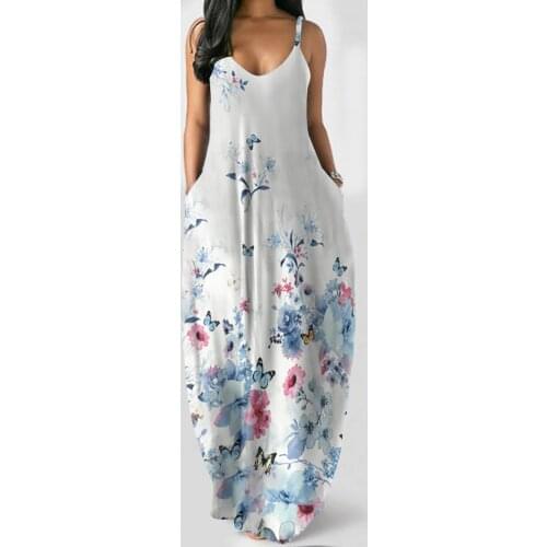 Pocket Dresses Womens Loose Casual Summer Florak Print Sling Sleeveless Strap Dress Summer Dresses Sundress Maxi Dress Robe