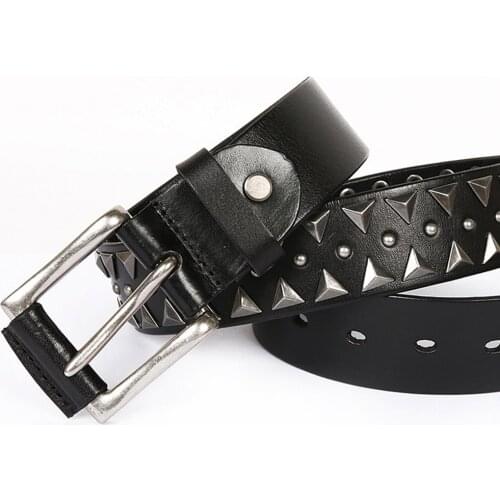 Black Trendy Mens Genuine Cowhide Metal Rivets D Shaped Buckle Belt Male Waistbands Real Cow Leather Jeans Cowskin Punk Belts