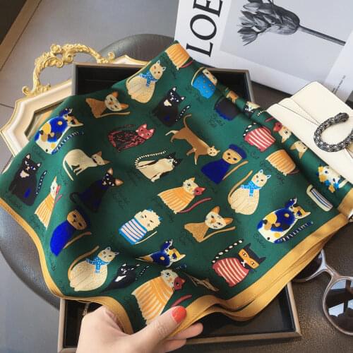 Luxury Brand 2021 New Fashion Summer Silk Square Scarf Women Cat Satin Neck Hair Tie Band Beach Hijab Head Female Foulard