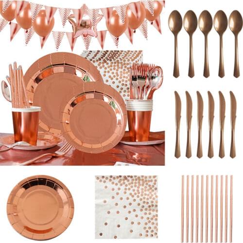 Rose Gold Disposable Tableware Party Tableware Champagne Paper Cup Plate Straws Birthday Party Festive Decor Wedding Supplies