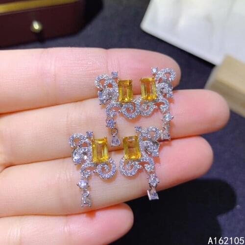 Fine Jewelry 925 Pure Silver Chinese Style Natural Citrine Girl Luxury Classic Pattern Rectangle Gemstone Earrings Ear Stud Supp