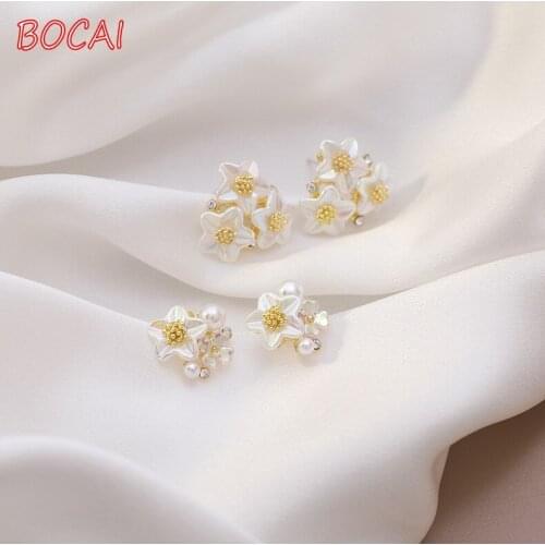 New trendy niche simple flower pearl 925 silver earrings