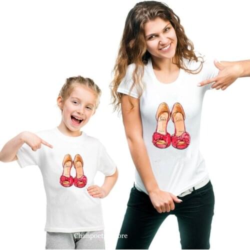 Fashion Mother and Daughter Matching Family Outfits Red High Heels Print T-shirt Women T Shirt Plus Size Girls Tops Age 1-12Y